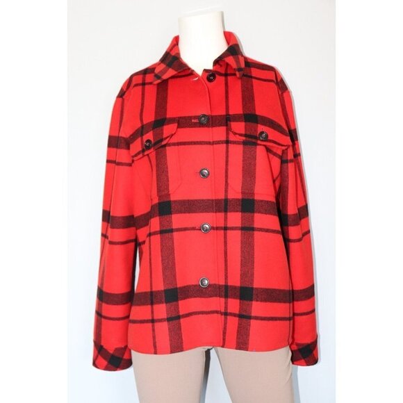 Weekend Max Mara Women's Medium Red Jacket Plaid Front Pocket Button Down Fleece - Picture 2 of 9